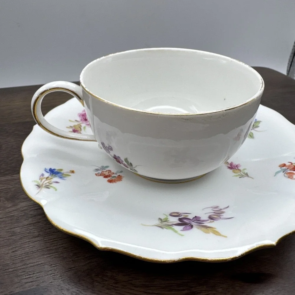 Meissen Flat Cup & Saucer Set Chinoiserie X Mark Crossed Swords Floral AS IS # 2